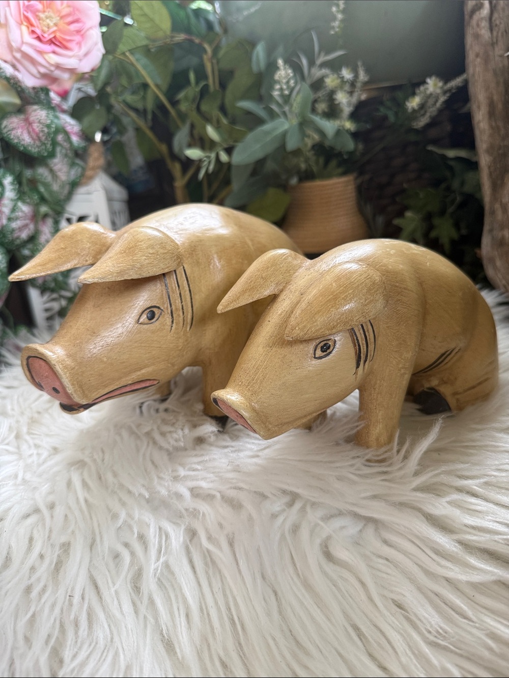 Handcarved Wooden Pig Figurines - Pair in Honey Tan